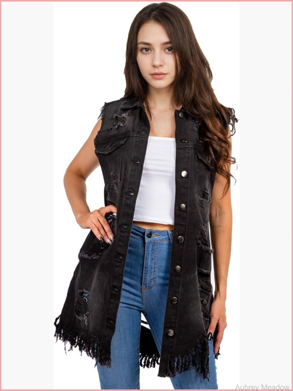 Sleeveless Distressed Denim Vest with Pockets